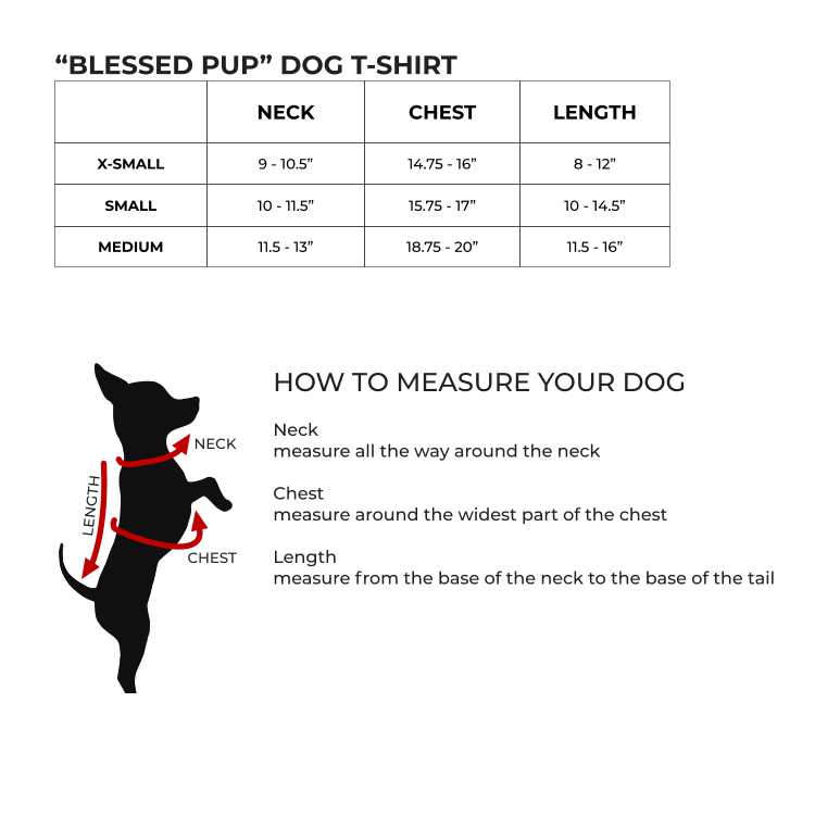 Size chart for Blessed Pup Lotus print t-shirt for dogs