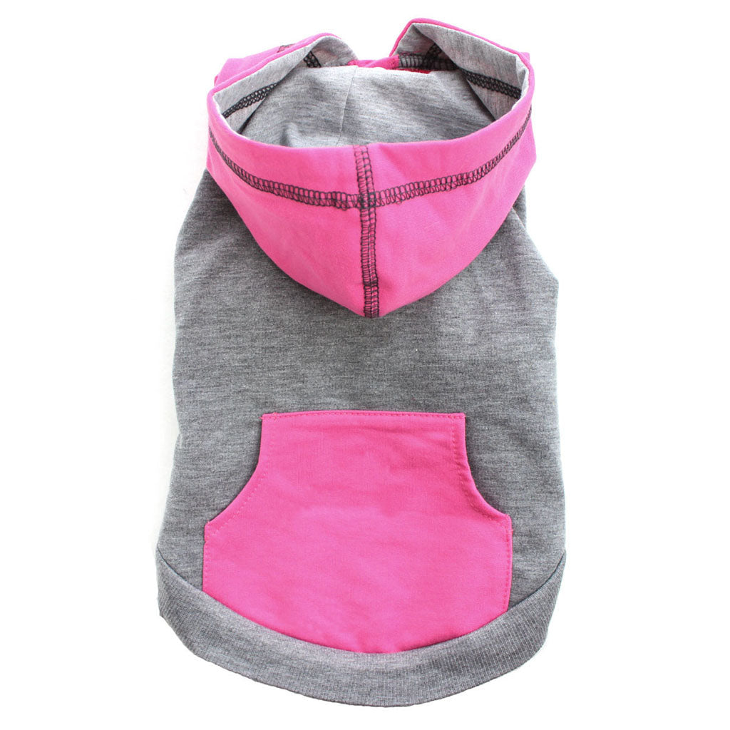 raglan style pink gray dog hoodie flat view of hood & pocket