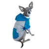 raglan style turquoise gray dog hoodie side view on sitting dog