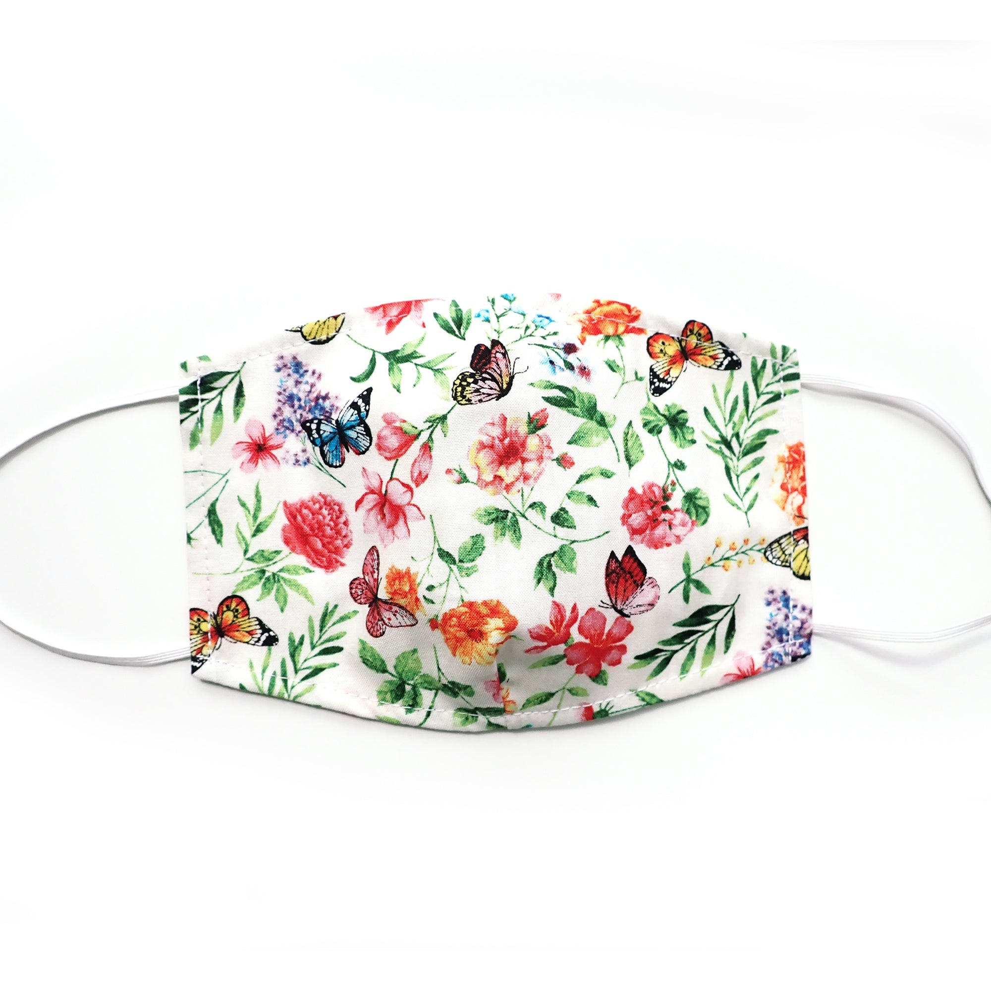 Butterfly Floral White, 100% Cotton Basic Face Mask (no nose wire, no pocket)