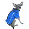 athletic style blue fleece dog jacket side back view on sitting dog